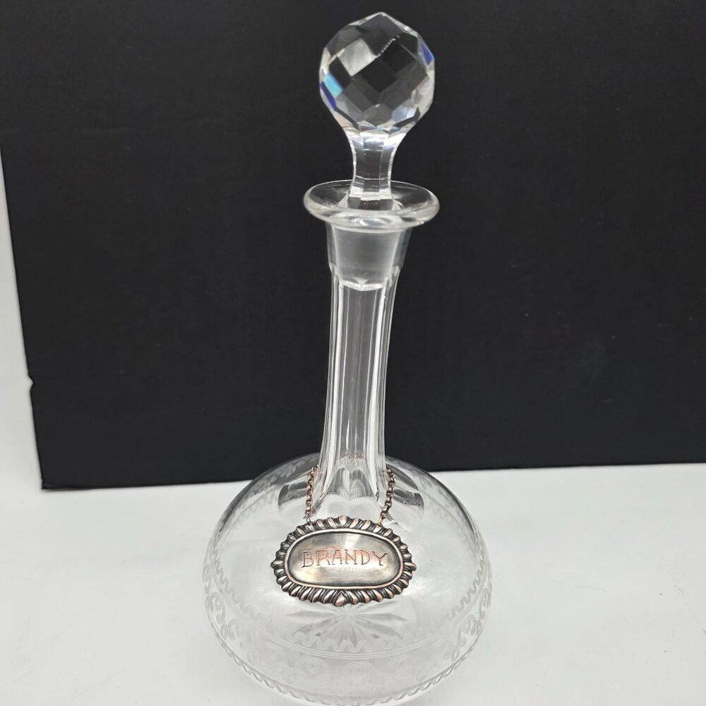 Vintage Etched Crystal Brandy Decanter With Stopper & Silver Plated Label - Picture 1 of 10